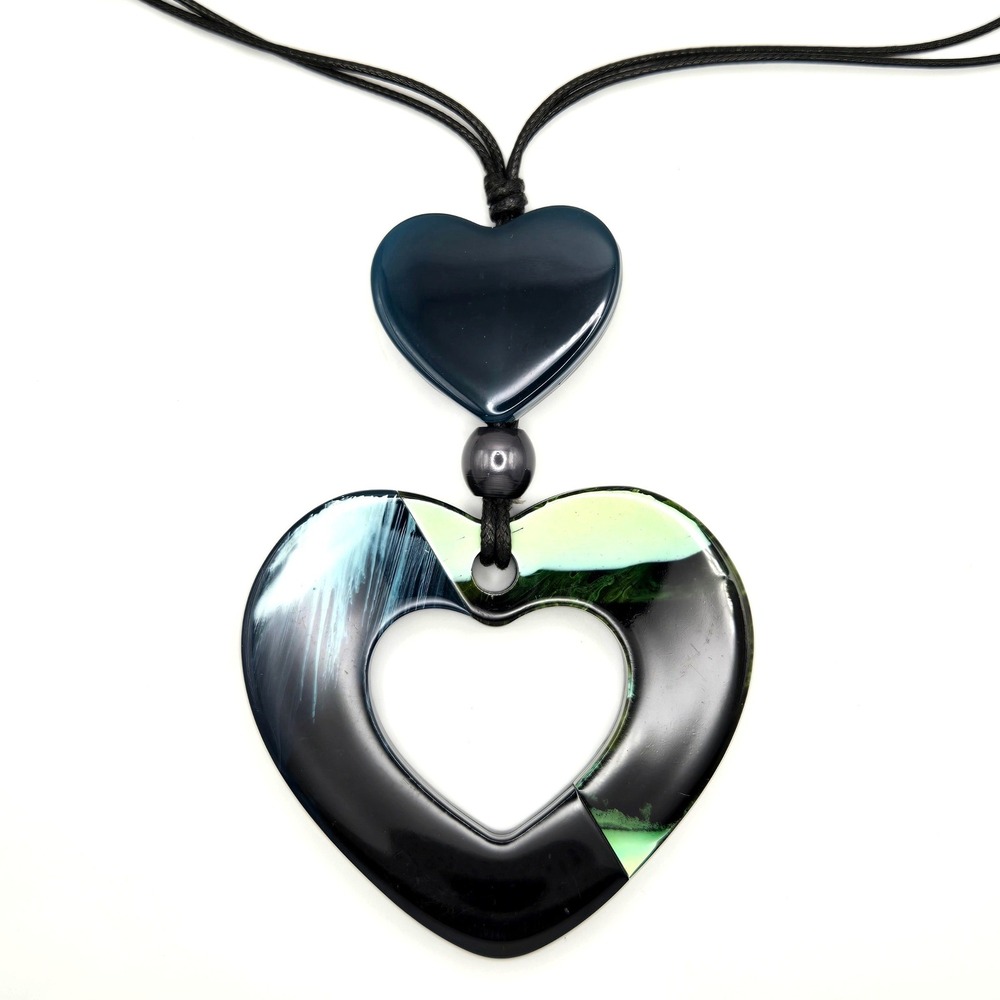 Large Resin Double Heart Pendant Necklace Blackβ Blue Green Adjustable Cord